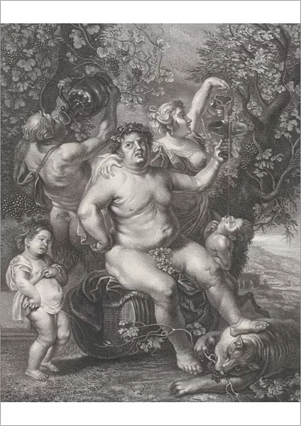 Bacchus seated on a barrel in front of grapevines, with bacchantes, satyrs