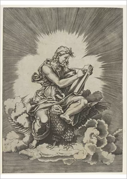 St. John, seated and holding a writing instrument to a tablet, an eagle with outstre