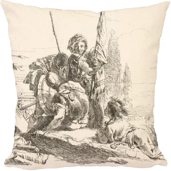 Three soldiers and a youth lying on his abdomen in a landscape, the soldiers bear a