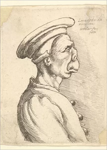 Bust of a man with a flat nose and protruding mouth, wearing flat cap