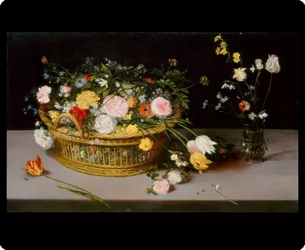 Flowers in a Basket and a Vase, 1615. Creator: Jan Brueghel the Elder