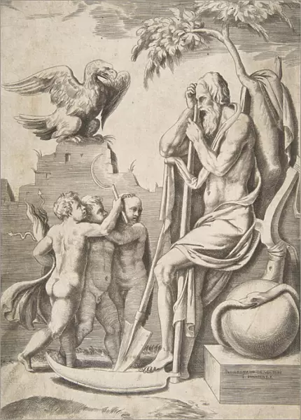 Father Time at the right leaning on a scythe, three naked boys and eagle at the left, 1