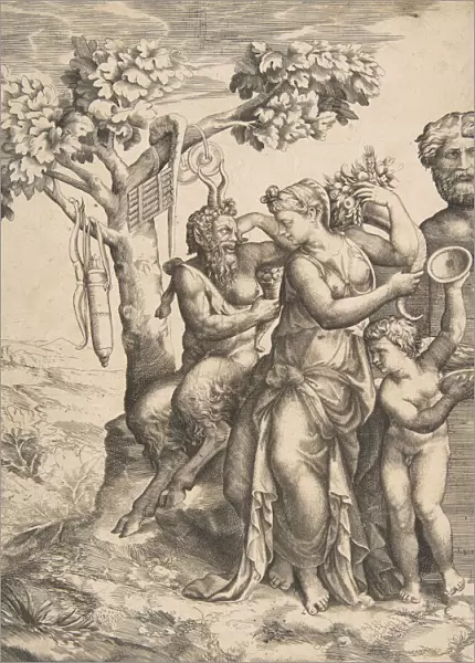 Pan at the left seated next to a standing nymph, to the right Cupid holding cymbals