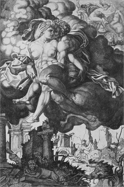 Ixion attempting to seduce Juno, surrounded by clouds with ruins below, ca. 1520-39