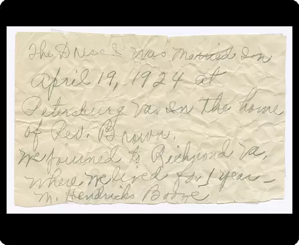 Handwritten note from Magdalene Hendricks Booze, mid 20th century