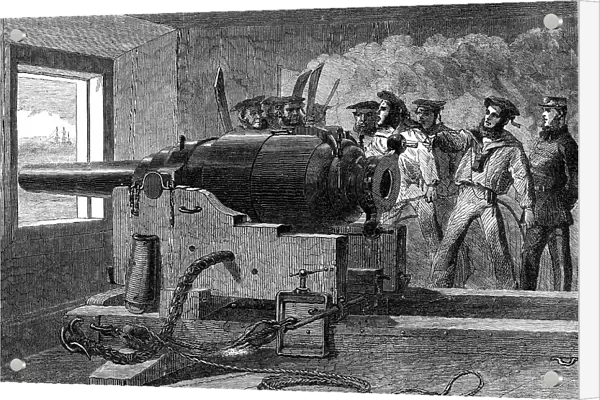 Manufacture of the Armstrong Gun at Woolwich Arsenal: naval practice with a 100-pounder, 1862. Creator: Unknown