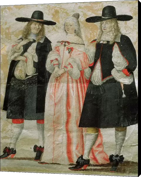 Two men and a woman in 17th century clothing. Creator: Unknown