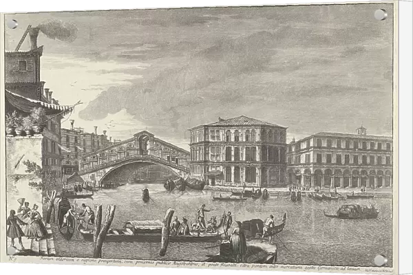 Plate 9: the bridge and market of the Rialto, Venice, from Views of Venice (Magnificenti... 1741. Creator: Michele Marieschi)
