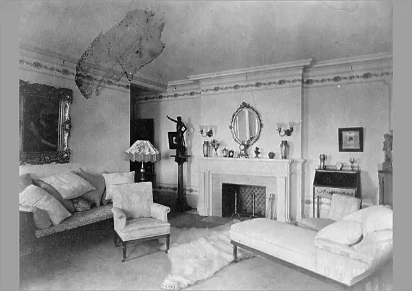 Bedroom with fireplace, padded chaise longue, sofa, male nude... Greenwich, Connecticut, 1908. Creator: Frances Benjamin Johnston