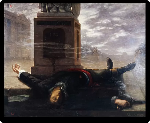 La mort de Victor Bach, le 18 brumaire, au pied de la statue de la Liberté, place de la... c1895. Creator: J Le coeur