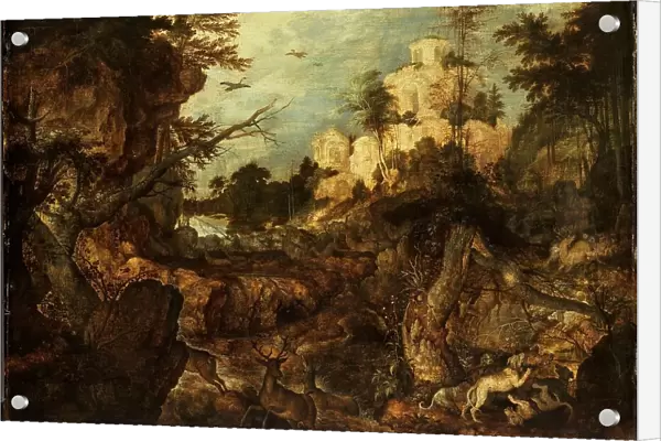 Wild boar hunt in a rocky landscape, 1620. Creator: Roelandt Savery