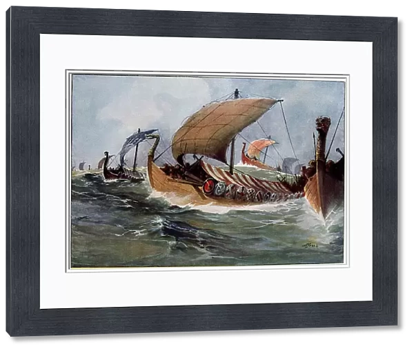 Viking longships under sail. Artist: Albert Sebille