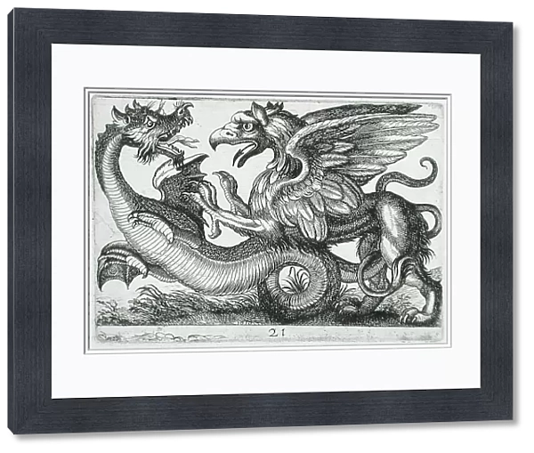 Two Chimerical Animals Fighting, 1610. Creator: Hendrick Hondius I