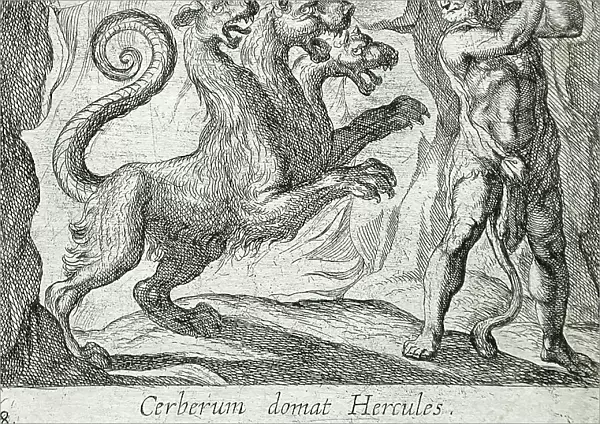 Hercules and Cerberus, published 1606. Creators: Antonio Tempesta, Wilhelm Janson