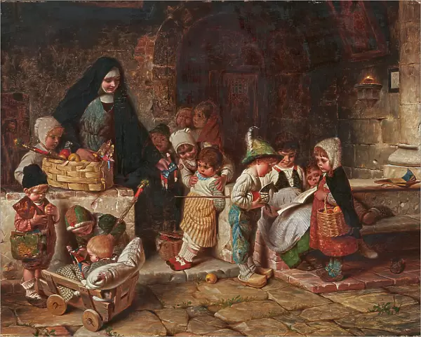 In the orphanage. Young nun distributes toy figures and apples to the children. Creator: Kaulbach, Hermann von (1846-1909)