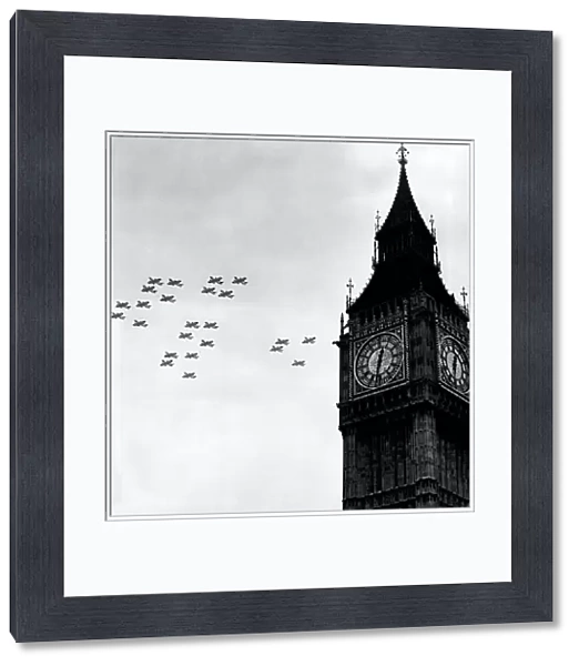 RAF Battle Of Britain Anniversary fly past, Big Ben London, 1953