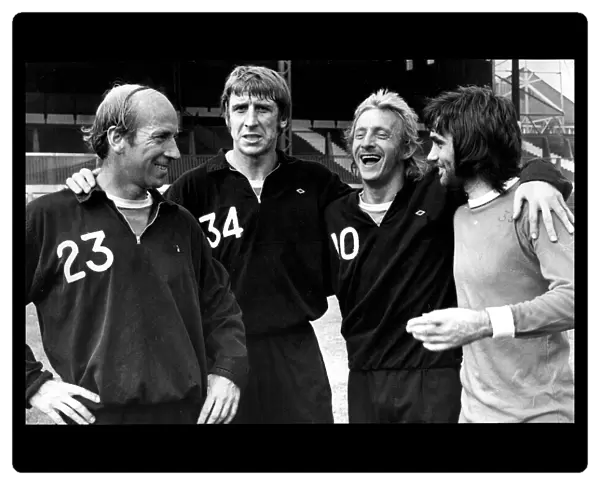 Manchester United footballers Wyn Davies with Bobby Charlton, Denis Law and George Best 1972