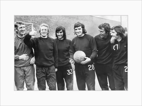 Manchester United F. C. footballers, (L-R): Alex Stepney, Denis Law, George Best, Ian Moore, David Sadler, and Francis Burns 1972