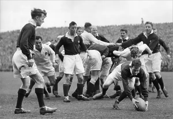 Scotland v England at Murrayfield 1948. Douglas Elliot watches Bill Black collect the ball after the scrum