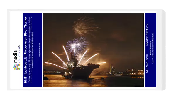HMS Illustrious with Fireworks on River Thames