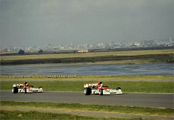 Formula One World Championship: Pole sitter Clay Regazzoni BRM P160D, who finished seventh, leads his team mate Jean-Pierre Beltoise BRM P160D