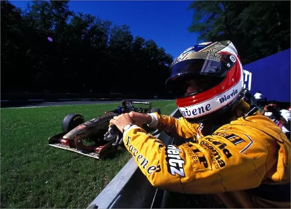 Formula One World Championship: Rubens Barrichello parked his Jordan Peugeot 196 during practice