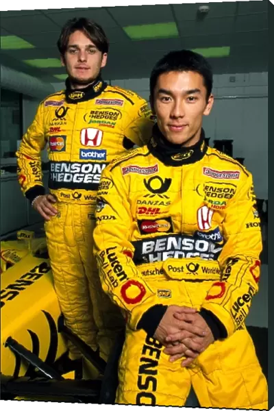 Formula One World Championship: Team mates for 2002, Giancarlo Fisichella and Takuma Sato at the Jordan Factory