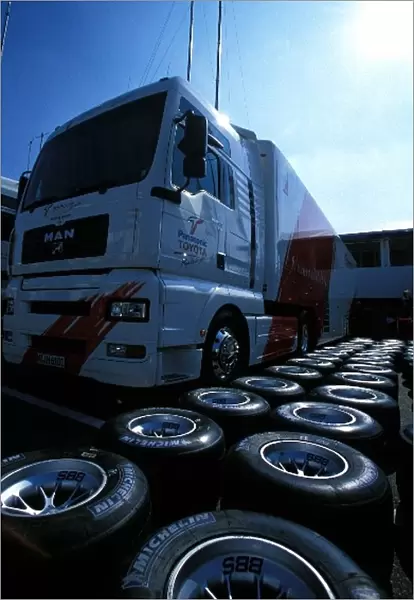 Formula One World Championship: The Toyota transporter and tyres in the paddock
