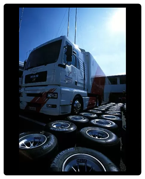 Formula One World Championship: The Toyota transporter and tyres in the paddock