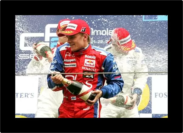 GP2. Third placed Heikki Kovalainen (FIN) Arden International celebrates on the podium.