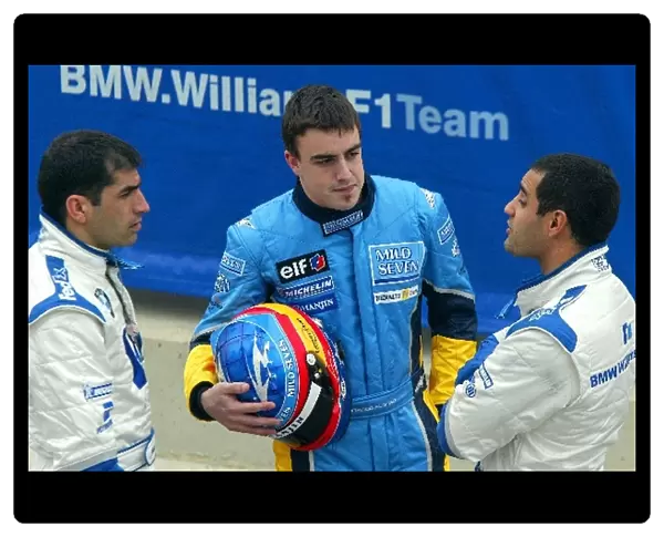 Formula One Testing: L to R: Marc Gene Williams BMW, Fernando Alonso Renault and Juan Pablo Montoya Williams BMW