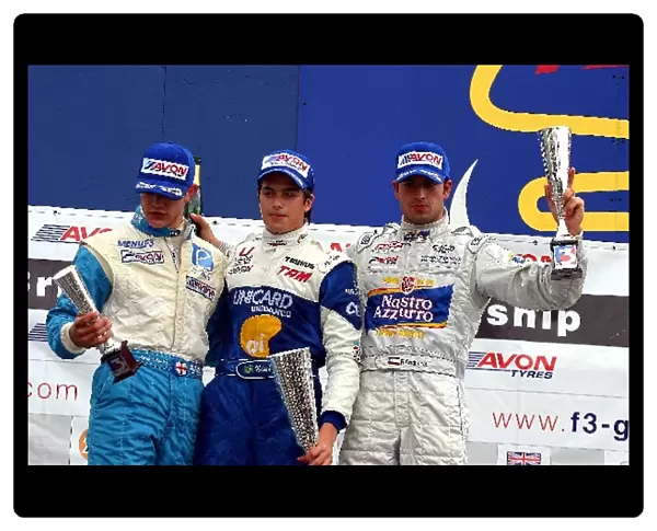 British Formula Three Championship: Race 1 podium L to R, Rob Austin Menu F3, Nelson Piquet Jnr Piquet Sports, Richard Antinucci Promatecme F3