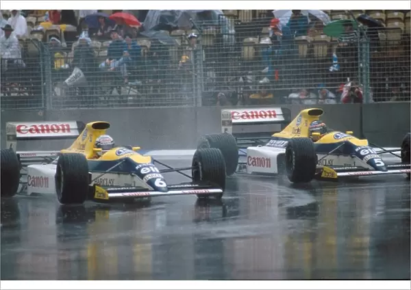 Formula One World Championship: Ricardo Patrese Williams FW13 slips inside team mate Thierry Boutsen