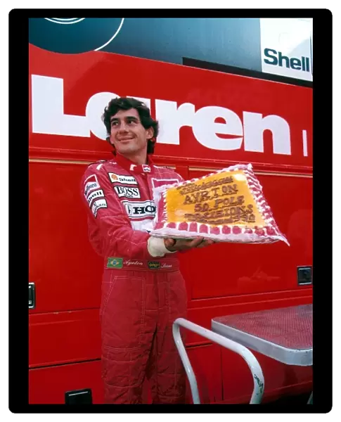 Sutton Motorsport Images Catalogue: Ayrton Senna McLaren was presented with a cushion to commemorate his fiftieth pole position, this event overshadowed