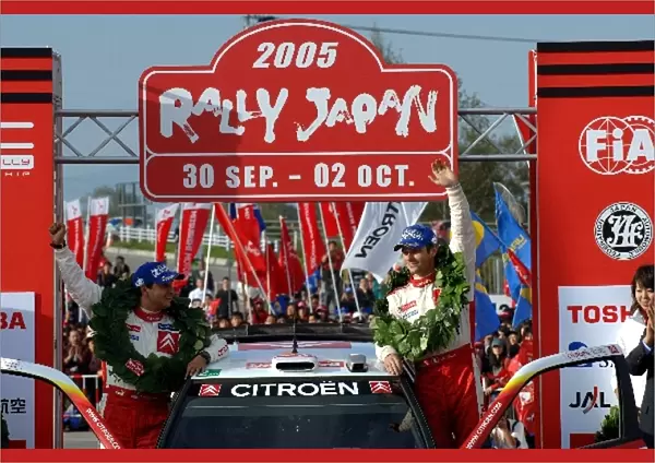 FIA World Rally Championship: Rally Japan second placed and 2005 World Rally Champion Sebastien Loeb and Daniel Elena, Citroen, on the podium