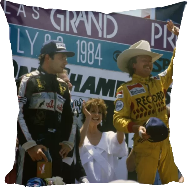 1984 United States Grand Prix: Keke Rosberg 1st position, Elio de Angelis 2nd position and Rene Arnoux 3rd position on the podium