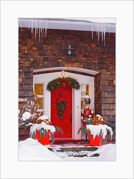 Christmas Decorations Around A Front Door; Knowlton, Quebec, Canada