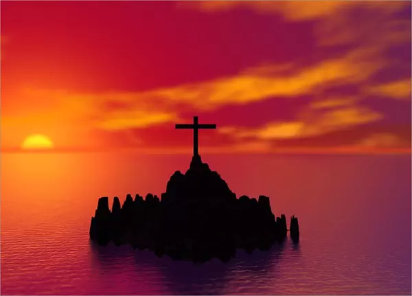 Sunset On A Cross On Rocks In The Middle Of A Lake