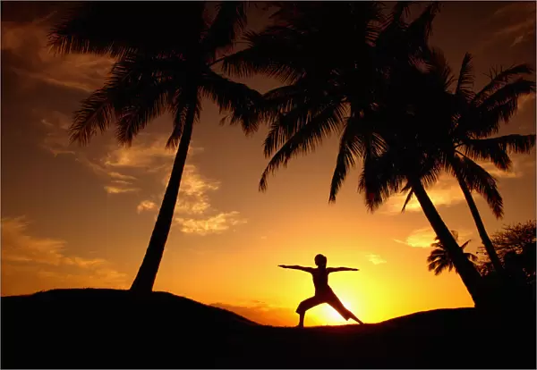 Hawaii, Maui, Olowalu, Woman Doing Yoga At Sunset Under Palm Tree