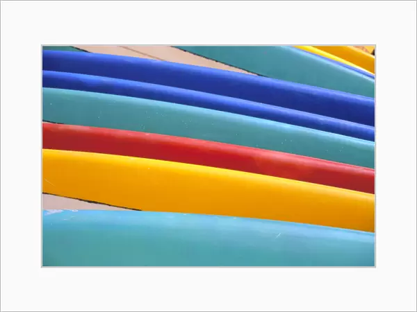 Detail Of Many Different Colored Surfboards, Straight Up