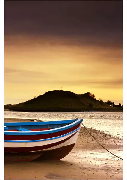 Alnmouth, Northumberland, England; Boat On Sunset Beach