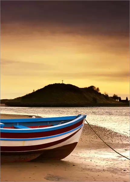 Alnmouth, Northumberland, England; Boat On Sunset Beach