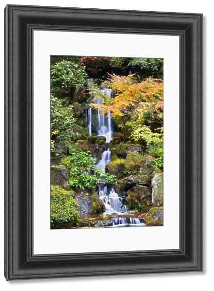 Portland, Oregon, United States Of America; A Waterfall In The Portland Japanese Garden In Autumn