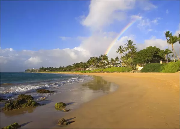 USA, Hawaii, Maui, Rainbow over palm trees and Keawakapu Beach; Kihei