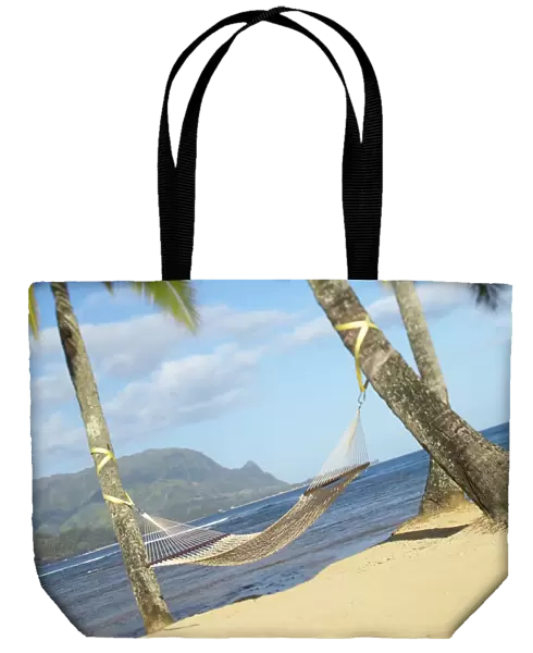USA, Hawaii Islands, Kauai, Hammock tied between palm trees on sandy beach; Hanalei Bay Princeville