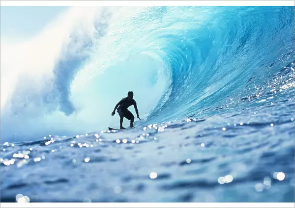 Hawaii, Oahu, North Shore, Silhouette Of Surfer In Pipeline Barrel