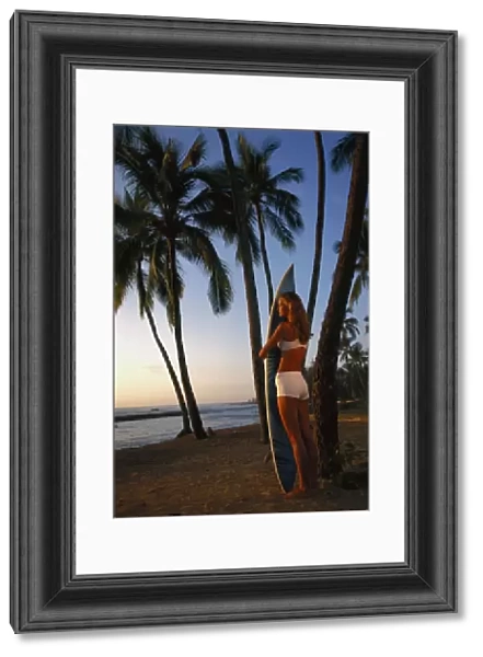 Hawaii, Oahu, North Shore, Full Length View Woman With Surfboard Palms Golden Afternoon Light D1077