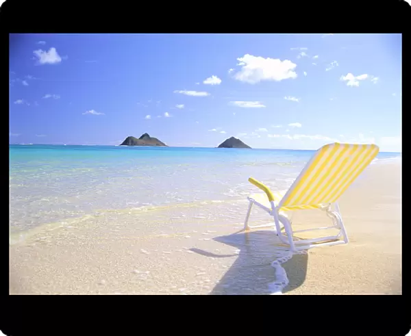 Hawaii, Oahu, Lanikai Beach, Empty Yellow Beach Chair, Clear Shore Water, Blue Sky