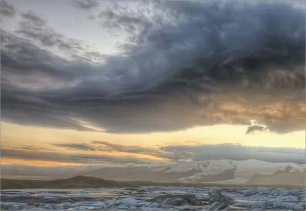 Panoramic View Of Lenticular Clouds Over The Ice Lagoon Of Jokulsarlon At Sunset, Iceland