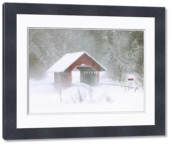 Guthrie Covered Bridge In Blowing Snow; Saint-Armand Quebec Canada